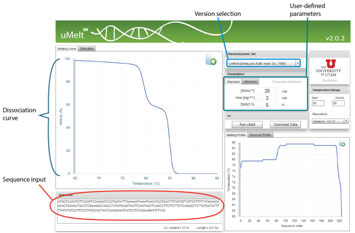 Figure 5. User interface for uMelt tool. User input locations on the simple interface are indicated (red oval and blue boxes).