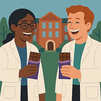 scientists sharing chocolate and laughing