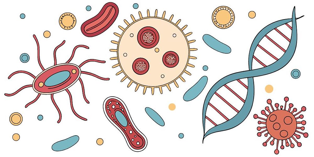 Illustration of different cell types, virions and a DNA double helix