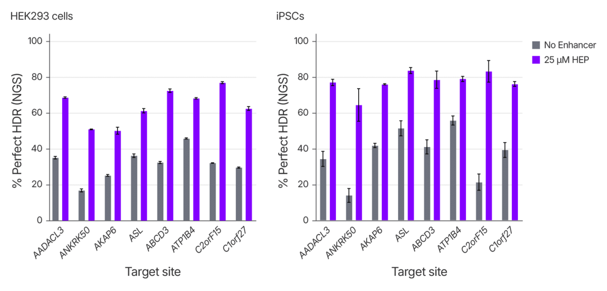 Figure 3. Alt-R HDR Enhancer Protein increases rates of HDR in multiple cell types. Cas9 RNP complexes targeting various loci were delivered to HEK293 cells at 2 μM or iPSCs (Coriell Institute) at 4 μM, with 2 μM ssDNA donor (Alt-R HDR Donor Oligo), with or without Alt-R HDR Enhancer Protein (HEP) using the 4D-Nucleofector System (Lonza). HDR was assessed using NGS. Error bars indicate SD, n = 3.